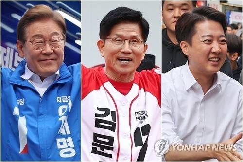 이재명, 김문수, 이준석 후보 (안양·안동·수원=연합뉴스) 24일 안양에서 집중유세하는 이재명 후보(왼쪽부터), 안동 방문한 김문수 후보, 수원에서 유세하는 이준석 후보