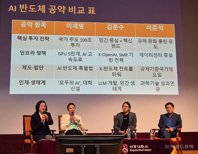 박영선(왼쪽부터) 전 중소벤처기업부 장관, 박철민 삼성전기 상무, 백준호 퓨리오사AI 대표, 차정훈 전 중소벤처기업부 실장이 27일 서울 마포구 서강대학교 이냐시오관에서 열린 특별강연에서 21대 대선 후보들의 AI 반도체 공약에 대해 토론하고 있다. 김현일 기자