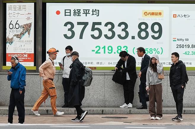 19일 도쿄에서 행인들이 닛케이 지수를 보여주는 전광판 앞을 지나고 있다. /연합뉴스