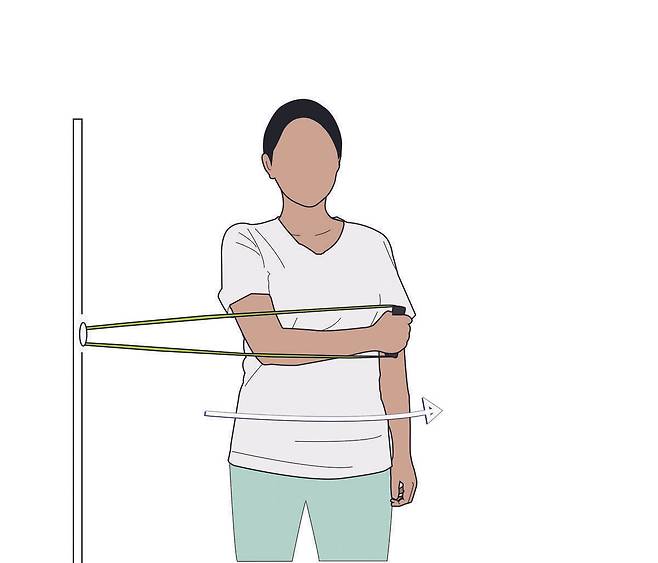 ➊ 밴드 안쪽으로 회전하기. 손목이 꺾이지 않도록 주의하면서 천천히 반대쪽으로 당기며 운동 범위 끝에서 5초간 유지한다. 이후 천천히 힘을 풀어주며 10∼15회 반복.