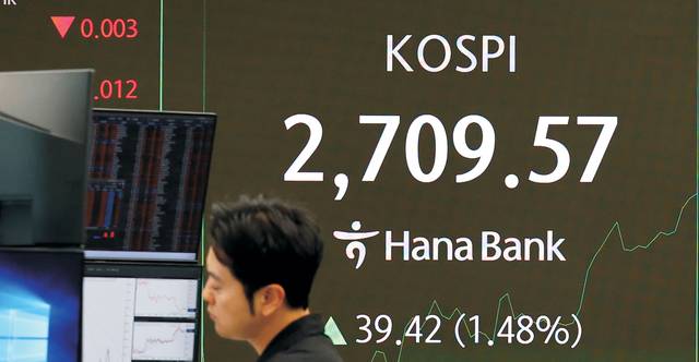 기대감 29일 코스피가 전장 대비 20.91포인트(0.78%) 오른 2691.06으로 개장한 가운데 서울 중구 하나은행 딜링룸에서 딜러들이 업무를 보고 있다. 코스피는 장중 2700선을 돌파하기도 했다. 연합뉴스