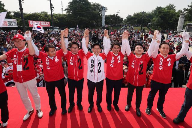 ▲국민의힘 김문수 대선 후보가 29일 인천 중구 자유공원에서 유세하고 있다. ⓒ연합뉴스