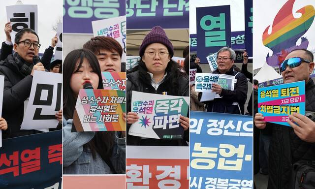 윤석열즉각퇴진·사회대개혁 비상행동 단식농성장이 마련된 서울 경복궁역 인근 서십자각 터에선 지난 3월 윤석열 전 대통령 파면을 촉구하는 각계 시국선언이 이어졌다. (왼쪽 사진부터) 참여연대, 청년성소수자문화연대 ‘큐사인’, 기후위기비상행동 등 환경시민단체, 농업·먹거리 단체, 차별금지법제정연대의 시국선언 모습. 신소영 기자 viator@hani.co.kr, 비상행동 제공