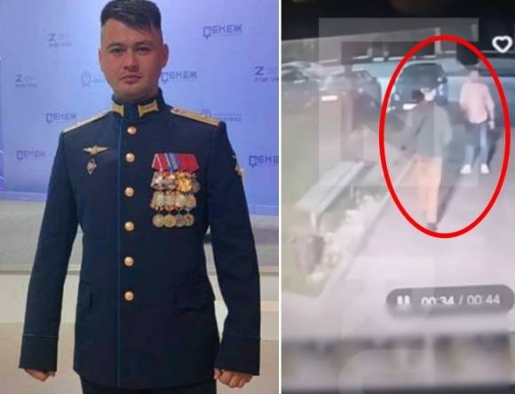 우크라이나 마리우폴 공격을 이끈 전 러시아 항공 사령관인 자우르 구르치예프(34) 소령(왼쪽)이 지난밤 폭탄 공격으로 사망했다. 오른쪽은 폭발물이 터지기 직전 한 남성과 접촉하는 구르치예프의 모습. 텔레그램 캡처