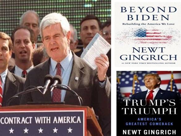 1995년 1월부터 1999년 3월까지 미국 연방하원 의장을 지낸 뉴트 깅리치(82) 박사가 의장 시절 정치인들 앞에서 연설하고 있다.(사진 왼쪽) 역사학 교수 출신인 그는 지금까지 27권의 논픽션 단행본과 15권의 픽션 단행본 등 42권을 썼다. 사진 오른쪽 위는 2021년에 쓴 책, 오른쪽 아래는 2025년에 출간한 책./조선일보 DB