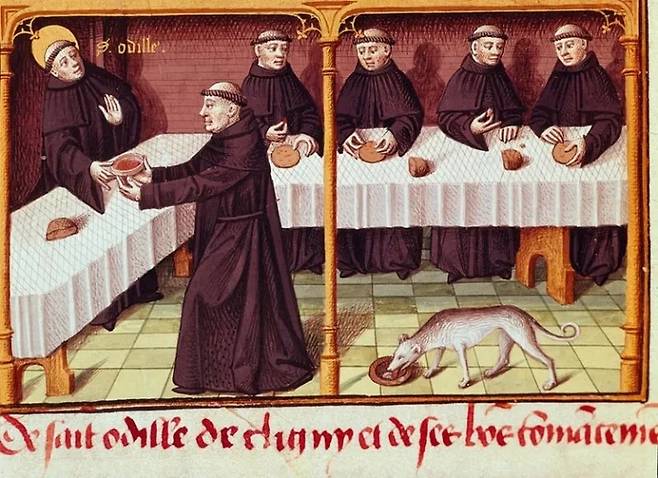 중세 수도사들의 식탁을 그린 삽화. 출처 미상.