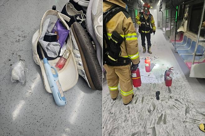 31일 서울 지하철 5호선 화재 현장에서 발견된 물품. 오른쪽 사진은 사고 열차 내부. 독자 제공