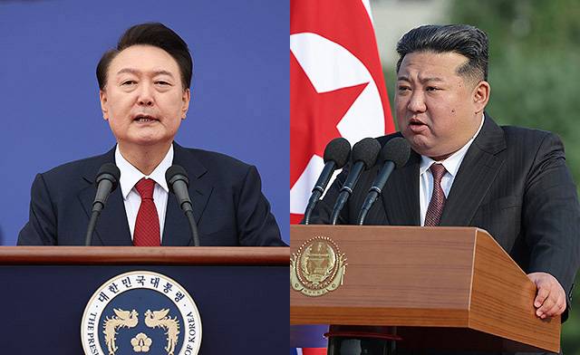 ▲ 지난해 10월 1일 국군의날 기념식에서 연설하는 윤석열(왼쪽) 대통령과 7일 김정은국방종합대학을 방문해 연설하는 김정은 국무위원장. ⓒ연합뉴스(좌), 로동신문=-뉴스1(우)