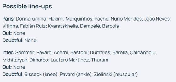 유럽축구연맹(UEFA)의 UEFA 챔피언스리그 결승 파리생제르맹(PSG)과 인터밀란 예상 선발 라인업. PSG 이강인의 이름을 제외됐다. /사진=UEFA 홈페이지 캡처