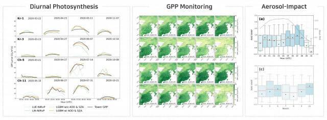 AI 기반 일간 광합성 모니터링과 미세먼지의 영향을 분석했다. 왼쪽은 AI모델 예측 결과와 실제 관측값을 비교한 그래프, 중앙은 GPP 추정지도, 오른쪽은 AOD가 광합성에 미치는 영향을 정량분석했다.