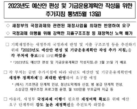 기재부 예산정책과가 2022년 5월 13일 발표한 예산안 편성 추가지침./기획재정부