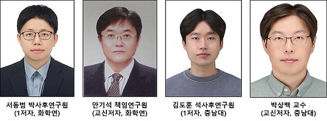 한국화학연구원의 서동범 박사후연구원(1저자), 안기석 책임연구원(교신저자), 충남대 김도훈 석사후연구원(1저자), 박상백 교수(교신저자)./한국화학연구원