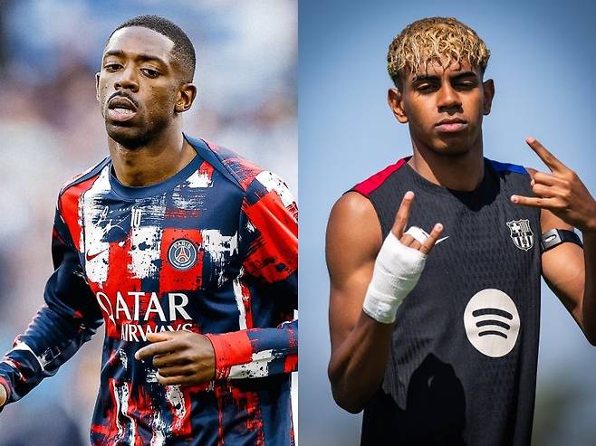 올해 발롱도르 경쟁에서 가장 유력한 두 후보는 PSG의 우스만 뎀벨레(왼쪽)와 FC바르셀로나의 라민 야말이다. 둘의 수상 가능성은 매체마다 엇갈렸는데, 1일 뎀벨레가 UCL 우승 타이틀을 거머쥐며 그의 수상 가능성이 확연히 높아진 분위기다. 사진제공|PSG·FC바르셀로나 페이스북