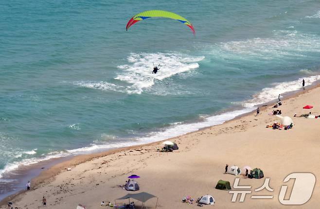 지난 1일 경북 포항시 북구 흥해읍 칠포해수욕장 백사장과 곤륜산 일원에서 개최된 '2025 한국 패러글라이딩 리그 1차전(정밀착륙)' 경기에서 선수들이 목표지점을 향해 내려오고 있다. 국가대표 선발전을 겸하고 있는 이번 대회에서는 총 3일간의 라운드별 점수를 합산해 선발한다. 2025.6.1/뉴스1 ⓒ News1 최창호 기자