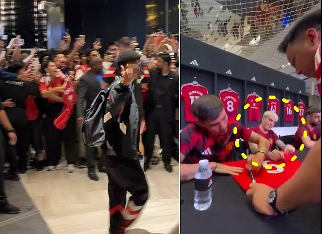 맨체스터 유나이티드 아마드 디알로가 팬에게 손가락 욕설을 하는 모습(왼쪽)과 팬사인회에서 무성의한 태도를 보인 가르나초./ 엑스(X)