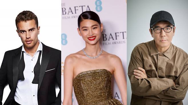 편혜영 작가의 장편소설 ‘홀’을 원작으로 한 할리우드 영화 ‘더 홀’의 주연배우 테오 제임스, 정호연과 김지운 감독(왼쪽부터). 사진 출처 배우 인스타그램·동아일보DB