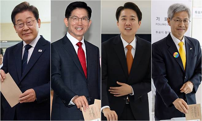 제21대 대통령 선거 사전투표 첫날인 5월29일 오전 대통령 후보들이 각각 사전투표를 했다. (맨 왼쪽 사진부터) 이재명 더불어민주당 대통령 후보는 서울 서대문구 신촌에서, 김문수 국민의힘 후보는 인천 계양구에서, 이준석 개혁신당 후보는 경기도 화성 동탄에서, 권영국 민주노동당 대통령 후보는 전남 여수에서 각각 이날 오전 사전투표소를 찾아 투표를 하고 있다. 공동취재사진, 민주노동당 제공