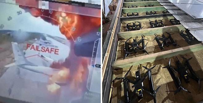 우크라이나 보안국(SBU)이 1일(현지시간) 무인기(드론) 공격으로 화염에 휩싸인 러시아 군용기 모습을 담은 영상을 공개했다(왼쪽 사진). 촬영 날짜와 장소를 특정하지 않은 채 군용 드론 사진도 공개했다. AFP연합뉴스