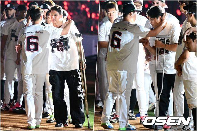 목발을 짚고 '영원한 캡틴' 박경수 은퇴식 함께하는 황재균과 강백호.