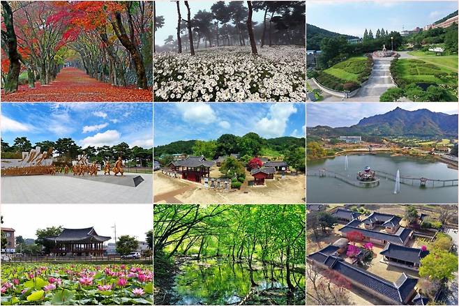 전북 정읍시가 선정한 9경(景). 위쪽부터 시계방향으로 내장산 국립공원, 구절초지방정원, 정읍사와 달빛사랑숲, 동학농민혁명기념공원, 무성서원, 용산호, 피향정, 월영습지와 솔티숲, 김명관고택. 정읍시 제공
