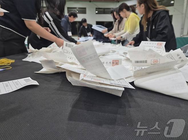 제21대 대통령선거일인 3일 오후 강원 강릉시 인라인스케이트장에 마련된 강릉시 개표소에서 개표사무원들이 투표용지를 분류하고 있다. 2025.6.3/뉴스1 ⓒ News1 윤왕근 기자
