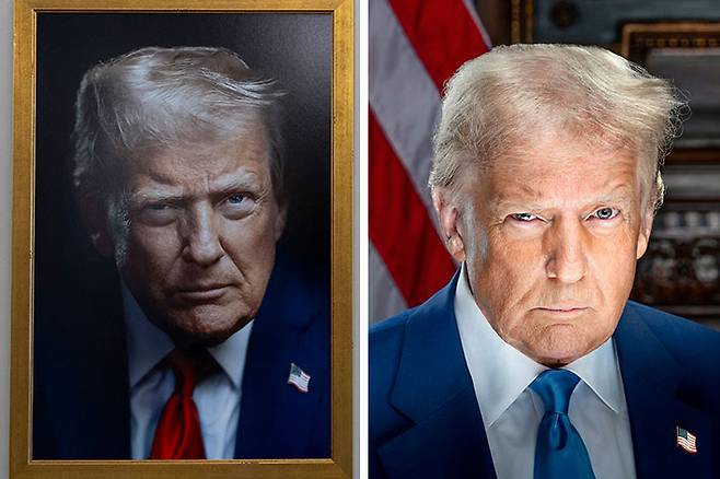 도널드 트럼프 대통령의 공식 사진. 왼쪽이 2일(현지시간) 새로 게시된 사진이다. 연합뉴스