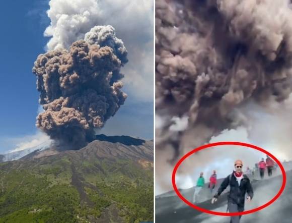 2일(현지시간) 유럽에서 가장 활발한 화산인 이탈리아 시칠리아의 에트나 화산이 대규모 분화하면서 관광객들이 급히 대피하고 있다. AFP 연합뉴스