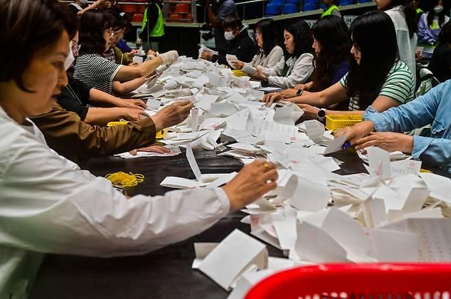 3일 제주시 한라체육관에 마련된 개표소에서 개표 사무원들이 개표작업을 하고 있다. (고봉수 기자)