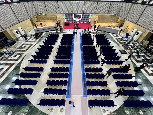 ▲ 제21대 대통령선거 투표일인 3일 오후 서울 여의도 국회 로텐더홀에서 대통령 취임식을 위한 준비가 한창 진행되고 있다. 이세훈 기자