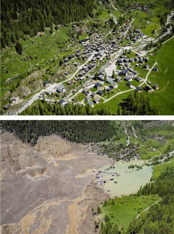 지난달 23일(사진 위)과 산사태 다음날 촬영한 블라텐 마을 비교. EPA 연합뉴스
