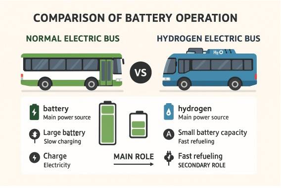 사진설명 : 일반전기버스와 수소전기버스의 배터리 역할 비교