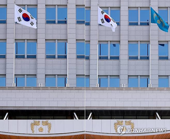 다시 게양된 대통령실 봉황기 (서울=연합뉴스) 홍해인 기자 = 21대 이재명 대통령 임기가 시작된 4일 서울 용산 대통령실 청사 봉황기 게양 전(왼쪽)과 후 모습. 2025.6.4 hihong@yna.co.kr