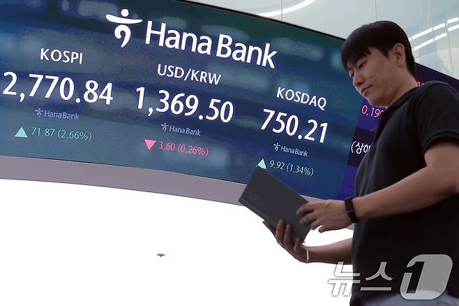 강력한 자본시장 선진화 의지를 보여온 이재명 대통령 취임 첫날인 4일 오후 서울 중구 하나은행 본점 딜링룸 전광판에 증시가 표시되고 있다. 2025.6.4/뉴스1 ⓒ News1 박정호 기자