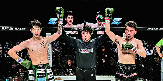 2025년 5월 인천광역시 파라다이스시티 라이진 월드시리즈 코리아 킥복싱 경기 주심이 제4대 Rise 67.5㎏ 챔피언 우사미 히데 메이슨과 국제무에타이연맹 동아시아선수권대회 동메달리스트 조산해의 28-28(10-9, 8-10, 10-9) 무승부를 선언하고 있다. 사진=RIZIN FF