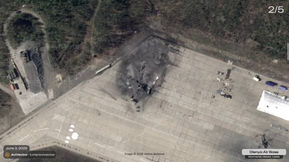 3일(현지시간) ‘에어버스 디펜스 스페이스’ 인공위성으로 본 러시아 무르만스크주 올레냐 공군기지. 지난 1일 우크라이나의 기습 드론 공격으로 파괴된 투폴레프(Tu)-95MS가 식별된다. 공격 당시 기지에는 안토노프(An)-12 군용기, 일류신(IL)-76 수송기와 밀(Mi)-8 및 Mi-24 군용헬기도 여러 대 있었던 것으로 전해진다. 2025.6.3 우크라 군사채널