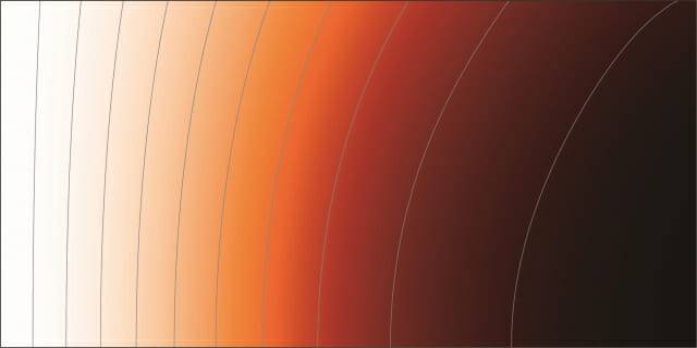 흑린의 양자거리 분포도. 흑린 속 전자들의 양자거리 분포를 에너지와 운동량에 따라 측정한 실험 데이터로, 흰색은 양자거리가 0이고 검은색은 양자거리가 1이다. 회색 선들은 양자거리가 같은 지점을 0.1 간격으로 이어서 나타낸 것이다.(그림=연세대)