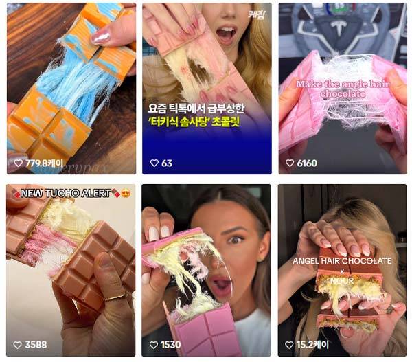 화이트 초콜릿 사이에 실처럼 가느다란 설탕인 피스마니에가 들어간 엔젤헤어 초콜릿이 인기다./사진=틱톡 캡처