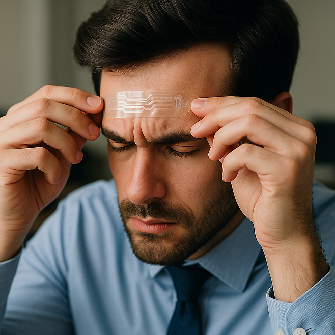 이마에 전자 센서를 부착하는 남성