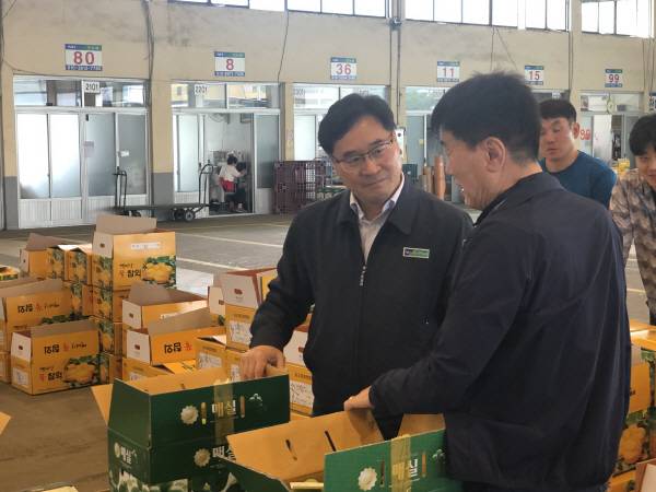 윤재천 조합장이 창과물 도매시장에서 과일 시세를 알아보고 있다.