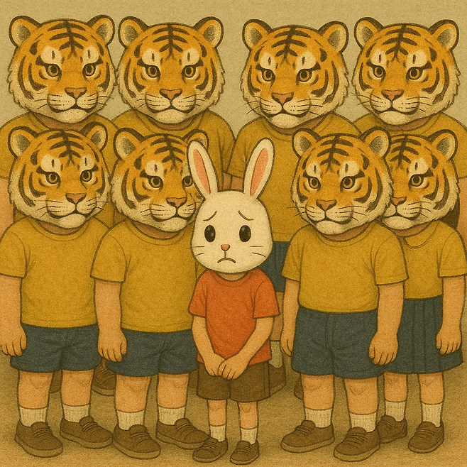 호랑이들 사이에서 홀로 토끼로 지내야만 했다…/챗gpt