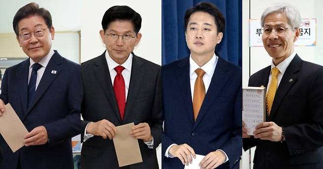 21대 대선 사전투표 첫날인 지난달 29일 이재명 더불어민주당 후보와 김문수 국민의힘 후보, 이준석 개혁신당 후보, 권영국 민주노동당 후보가 사전투표하고 있다. 성동훈·한수빈 기자, 연합뉴스, 민주당 제공