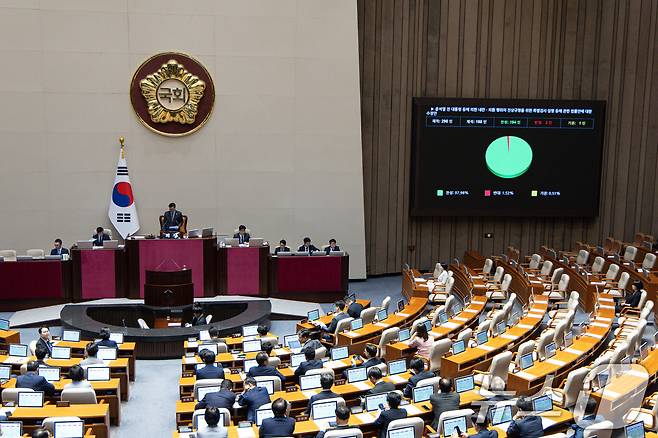 5일 오후 서울 여의도 국회 본회의에서 내란 특검법(윤석열 전 대통령 등에 의한 내란·외환 행위의 진상규명을 위한 특별검사 임명 등에 관한 법률안)이 통과되고 있다. 2025.6.5/뉴스1 ⓒ News1 이재명 기자