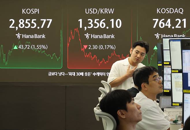 9일 서울 중구 하나은행 딜링룸에서 딜러들이 대화하고 있다. 이날 코스피 지수는 전 거래일 대비 43.72포인트(1.55%) 오른 2,855.77로 집계됐다./연합뉴스