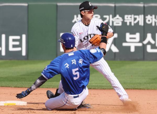 ▲지난 5월18일 부산 사직야구장에서 열린 프로야구 2025 신한 SOL 뱅크 KBO리그 삼성 라이온즈와 롯데 자이언츠의 경기. 7회 초 1사 2루에서 삼성 구자욱이 우전 2루타로 1타점을 올리며 2루까지 진출하고 있다. ⓒ연합뉴스