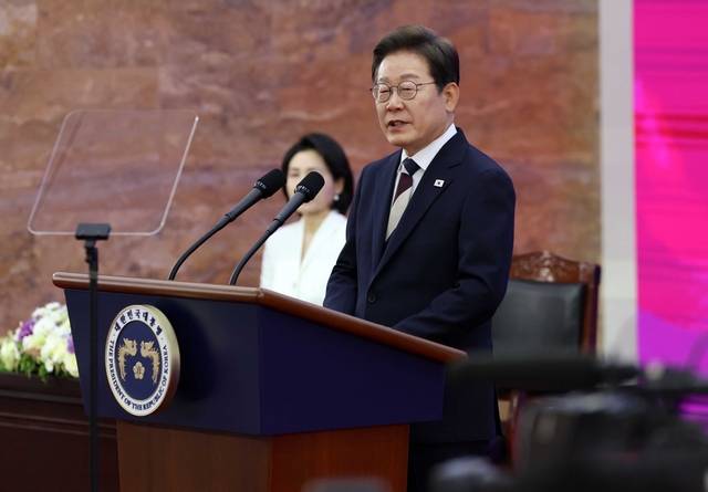이재명 제21대 대통령이 지난 4일 오전 서울 여의도 국회 로텐더 홀에서 열린 취임식에서 취임사를 하고 있다. 곽성호 기자