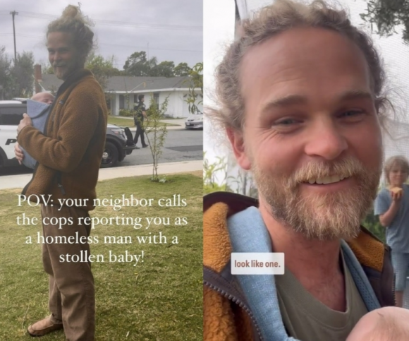 딸을 안고 동네를 산책하던 중 이웃으로부터 아기 납치범으로 오해받은 채프먼 햄보그. 인스타그램 캡처