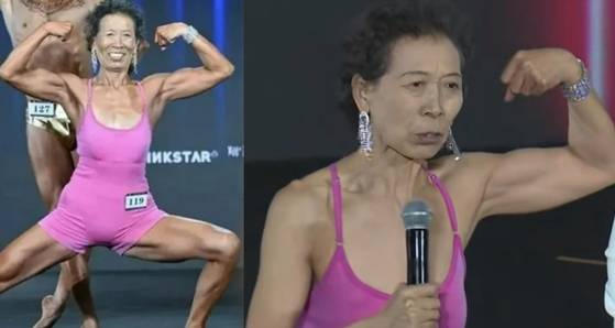 지난 1일 열린 ‘2025 우한 전국 피트니스 신인 선수 선발 대회’ 혼합 부문에서 동메달을 차지한 쑨밍후이(71). 사진 SCMP·더우인 캡처