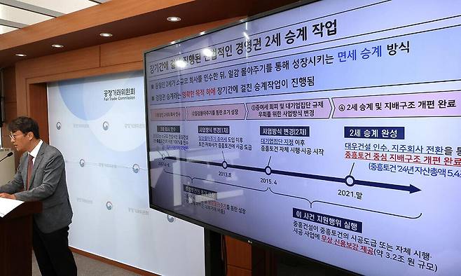 공정거래위원회 최장관 기업집단감시국장이 9일 정부세종청사 공정위 기자실에서 상호출자제한기업집단 중흥건설 소속 중흥건설이 동일인 2세 소유의 중흥토건 및 중흥토건의 6개 계열회사가 시행하고 중흥토건이 단독 시공하는 주택건설 및 일반산업단지 개발사업에서 각 시행사의 PF·유동화 대출에 무상 신용보강을 제공하는 행위에 대해 시정명령 및 과징금을 부과하고, 지원주체인 중흥건설을 고발하기로 결정했다고 밝히고 있다. 연합뉴스