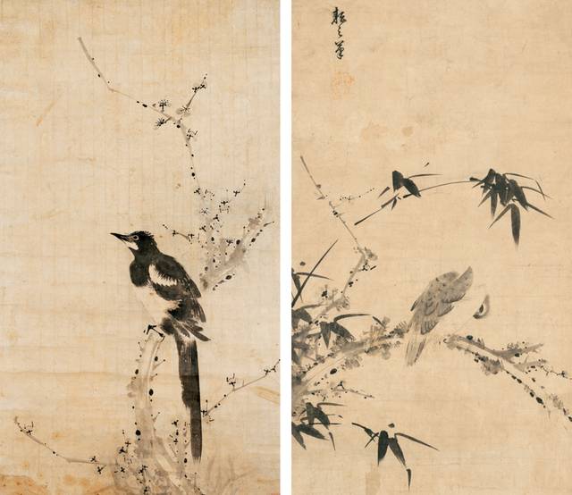 매화나무 위 새를 그린 조속의 ‘고매서작’(왼쪽)과 조지운의 ‘매상숙조’로, 부자(父子) 화가의 서로 다른 시선을 비교할 수 있다. 간송문화재단 제공