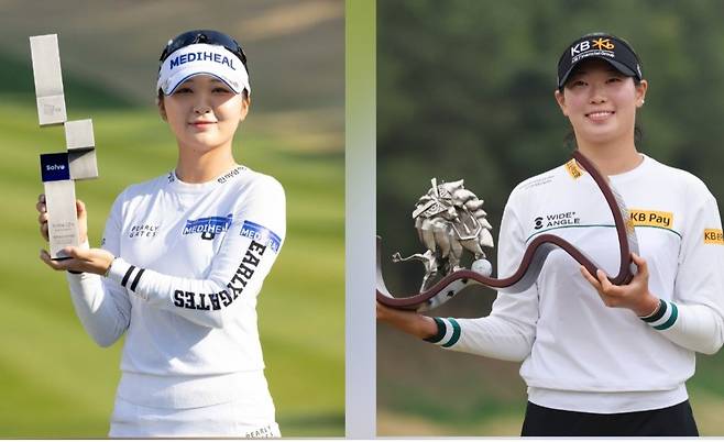 2021년 장하나 이후 4년 만의 60대 평균타수에 도전하고 있는 이예원(왼쪽)과 방신실. 둘은 올 시즌 각각 3승, 1승을 수확했다. 사진제공 | KLPGA